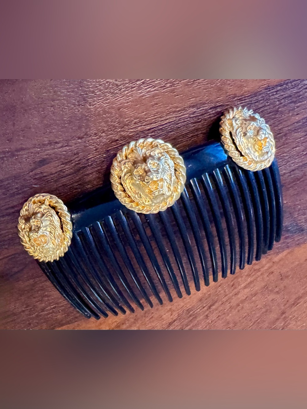 Vintage Anne Klein Gold Tone 3 Lion Heads Hair Comb Accessory France